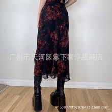 EBAY 红色风外贸通勤印花长裙短外单包臀半身裙（1036#）
