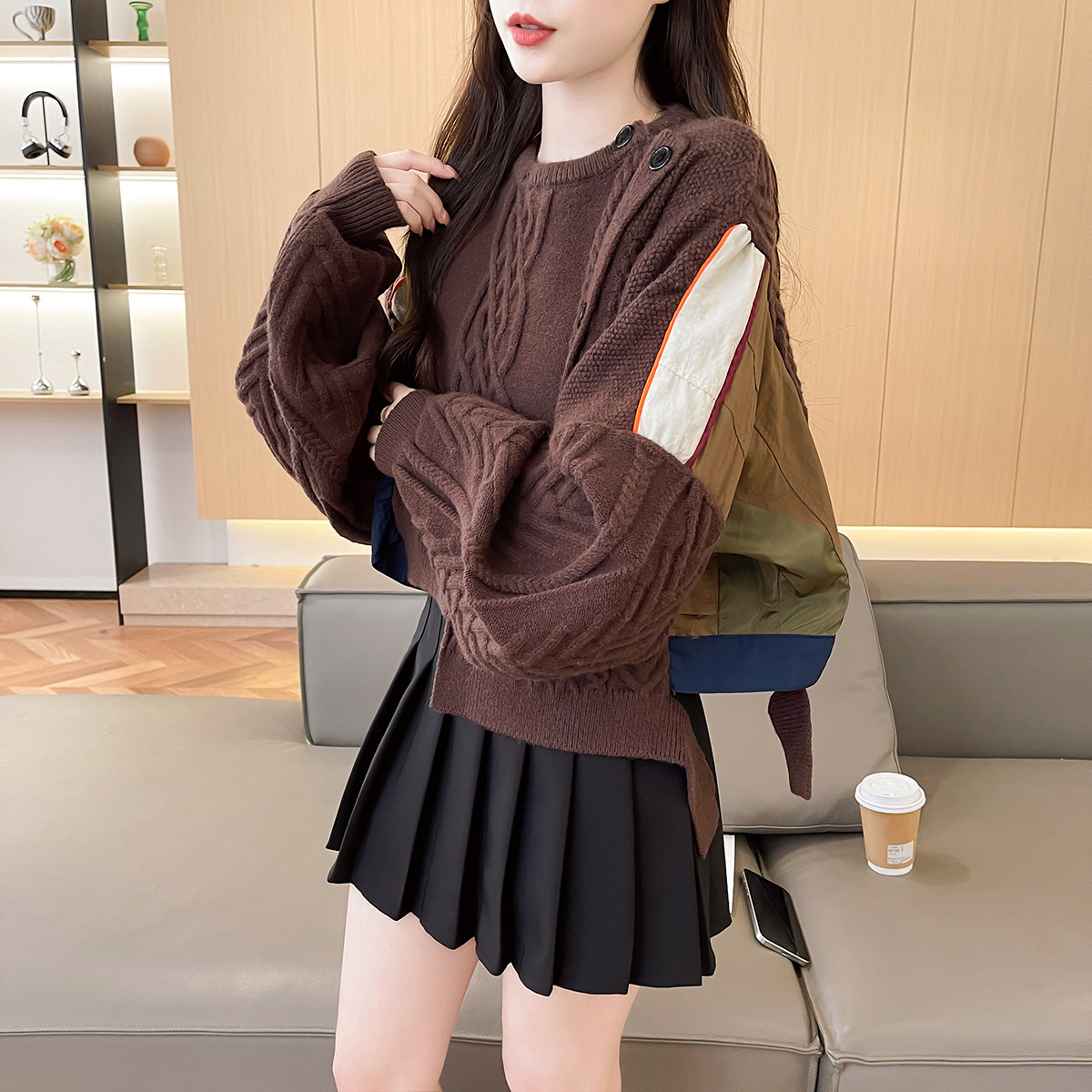 欧货重磅秋冬新款女装2025拼接高级感针织毛衣小众开衫设计感外套