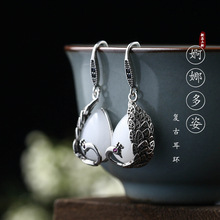 艾尔缘中国风古典气质耳饰电镀泰银工艺仿和田玉孔雀复古耳环