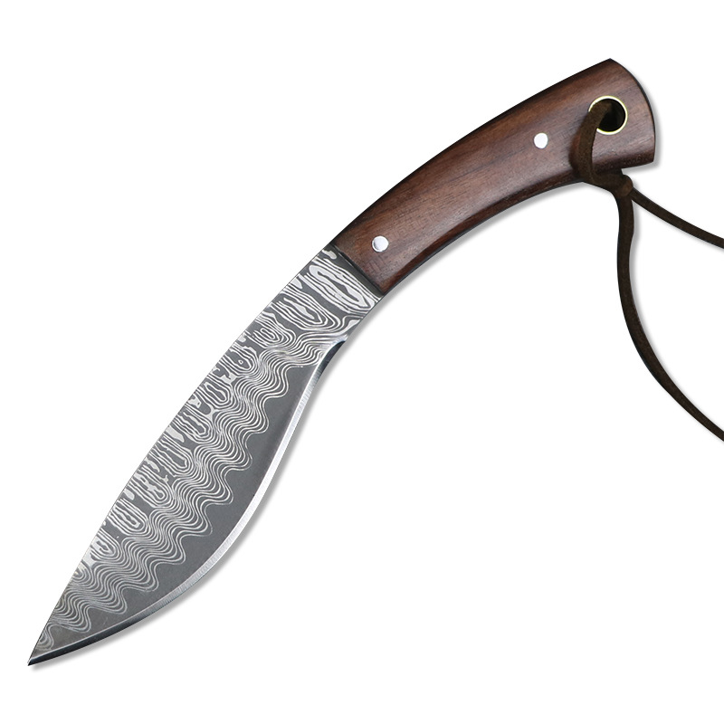 复古手把肉刀 锋利大马士革纹多用弯刀 带皮套防身收藏小刀