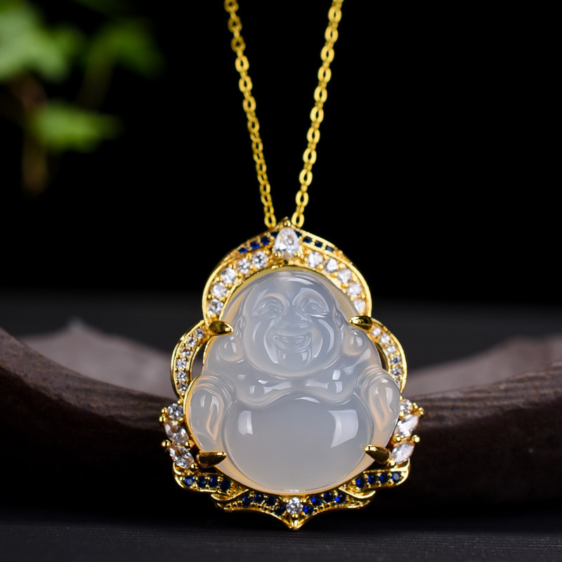高冰白玉髓佛公吊坠豪华满钻镶嵌玉髓佛挂件项链批发-阿里巴巴