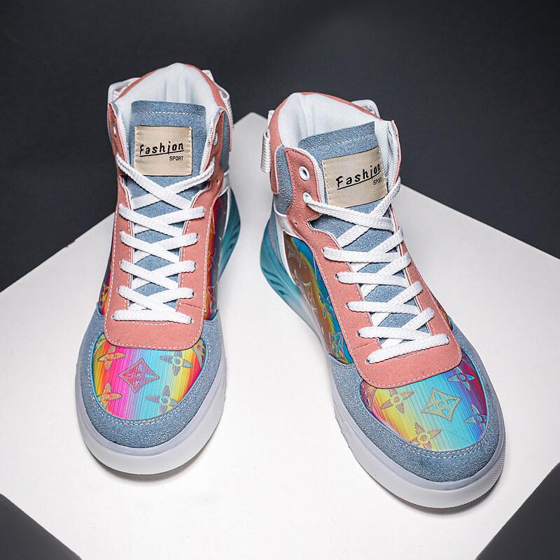 变色龙潮鞋莆田男鞋夏季拼接高帮休闲板鞋青少年黑白运动鸳鸯鞋子