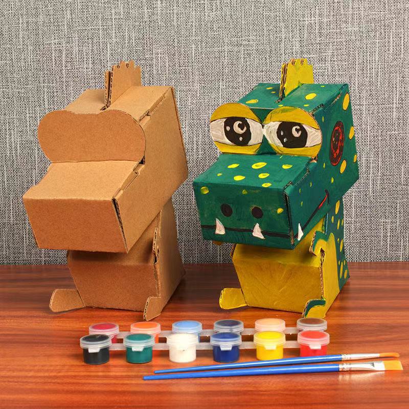 纸质拼装玩具动物恐龙小模型DIY涂鸦白模彩绘幼儿园手工