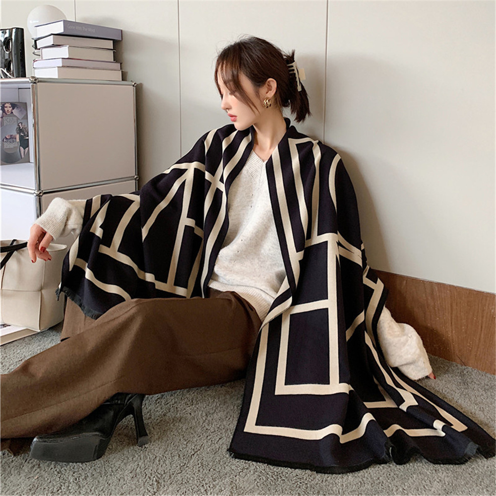 Autumn and Winter New Korean Style Artificial Cashmere Scarf Custom Geometric Plaid Air Conditioning Shawl Women's European and American Retro Scarf