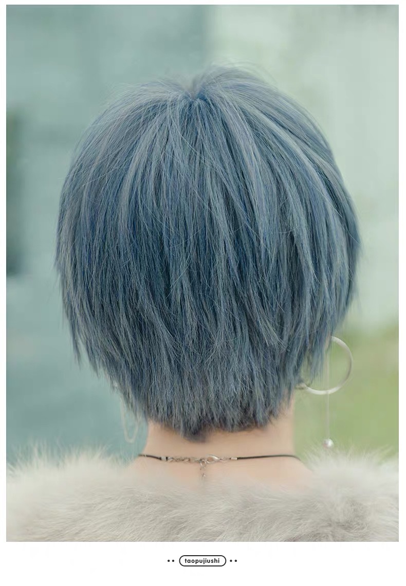 假发短发女夏季 雾霾蓝狗啃短直发蓝色时尚cos非主流仿真全头套式