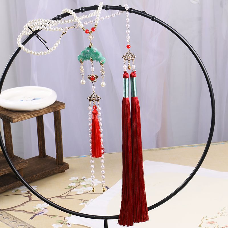 后坠长流苏项链古风汉服璎珞珍珠毛衣链仿岫玉软璎珞明制复古配饰