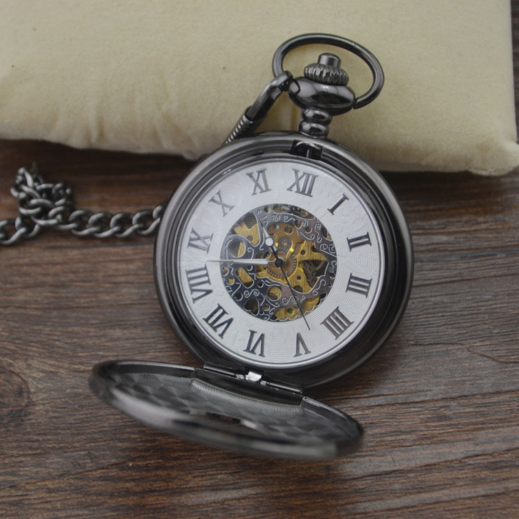 外贸跨境 翻盖设计罗马镂空枪黑色 机械怀表复古男女士礼品纪念表
