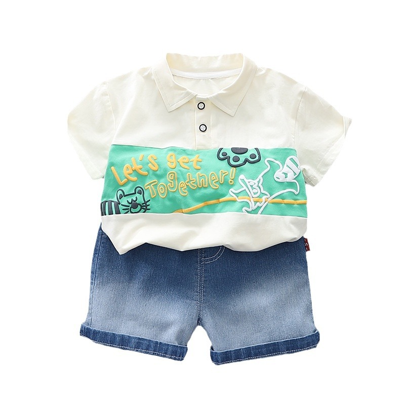 Summer 2024 New Boys' Color Matching Polo Shirt Short Sleeve Suit Boys' Casual Denim Shorts Two-Piece Set