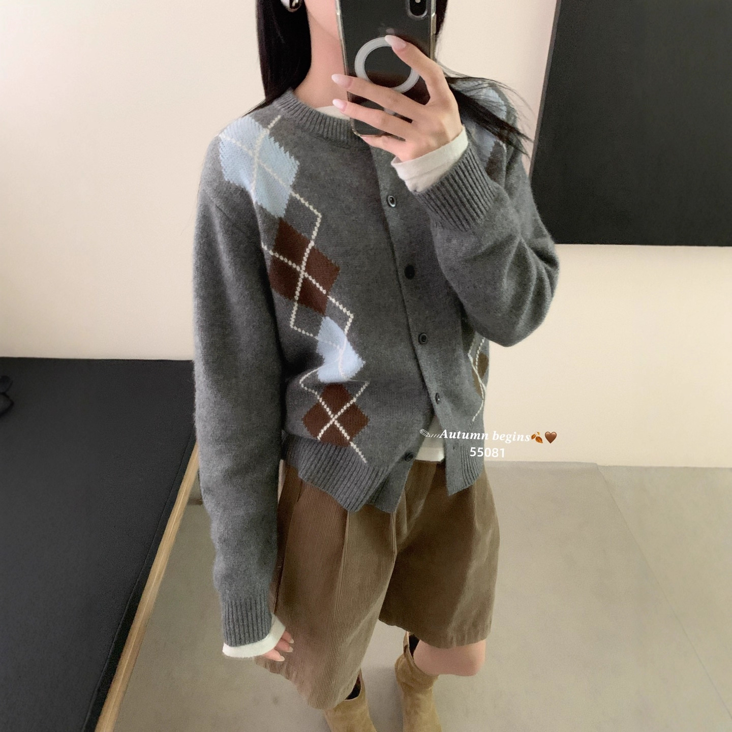 濮院针织衫2025秋冬新款韩系学院风慵懒风菱格针织开衫现货毛衣女