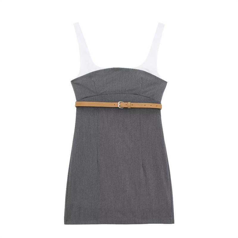 欧美风外贸女装24新款腰带拼接连衣裙子时尚街头风短款吊带连衣裙