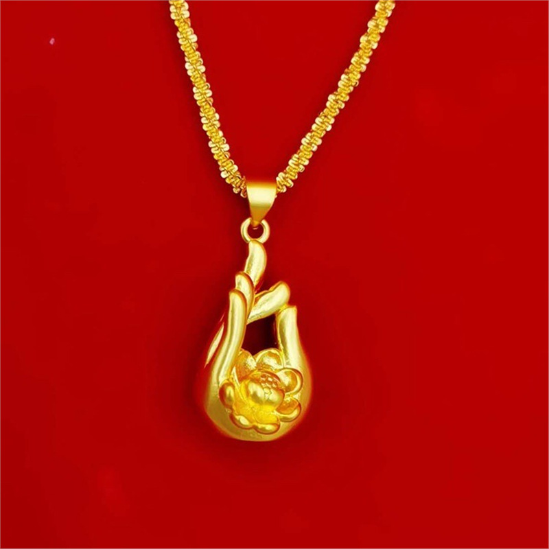 抢外贸新款铜镀金饰品男女黄金莲花佛手吊坠3d硬沙金挂坠专柜同款