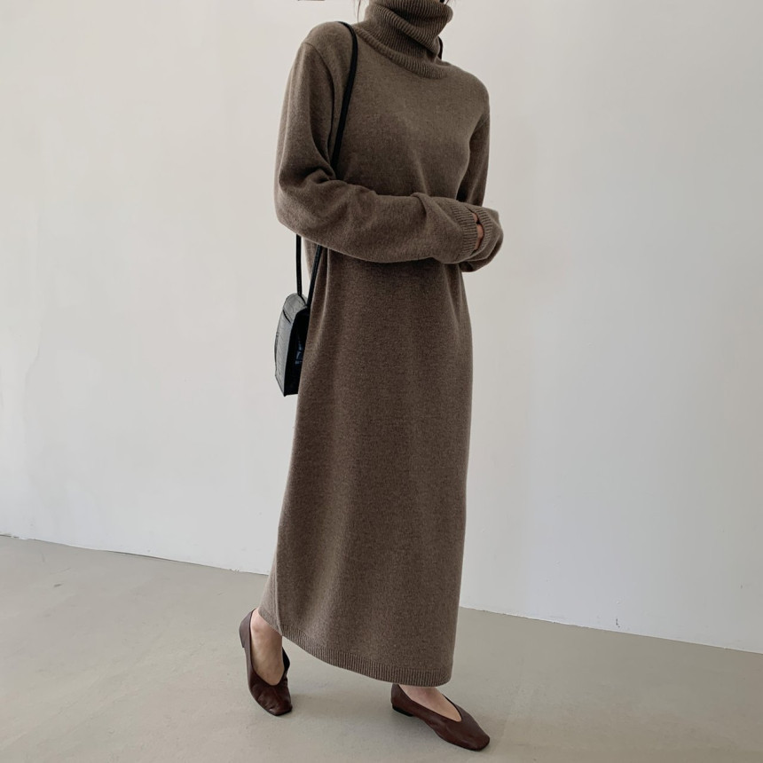 Hong Kong Style Cashmere Autumn and Winter Dress Women's Long over-the-Knee Sweater Dress Loose Turtleneck Bottoming Knitted Thickened Long Skirt