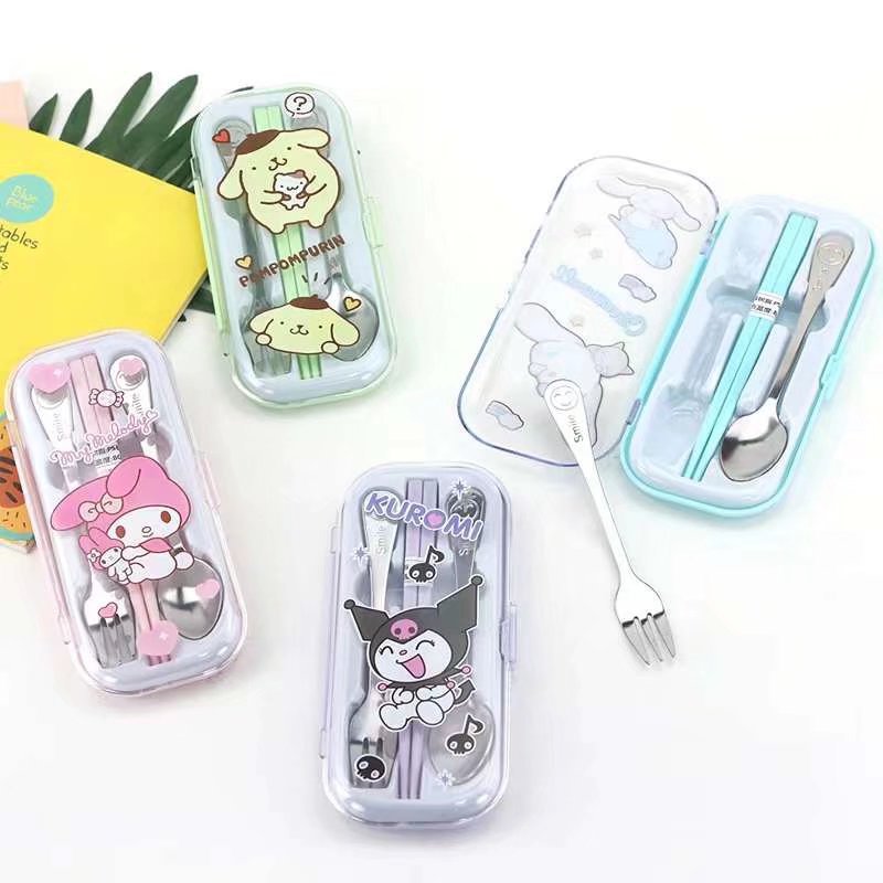 Cartoon New Sanrio Tableware Wholesale Spoon Fork Chopsticks Cutlery Set Student Stainless Steel Spoon and Fork Tableware Spoon Fork Tableware