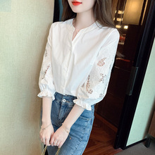 2023年夏季韩版重工刺绣棉布衬衫女设计感小众立领衬衣七分袖上衣