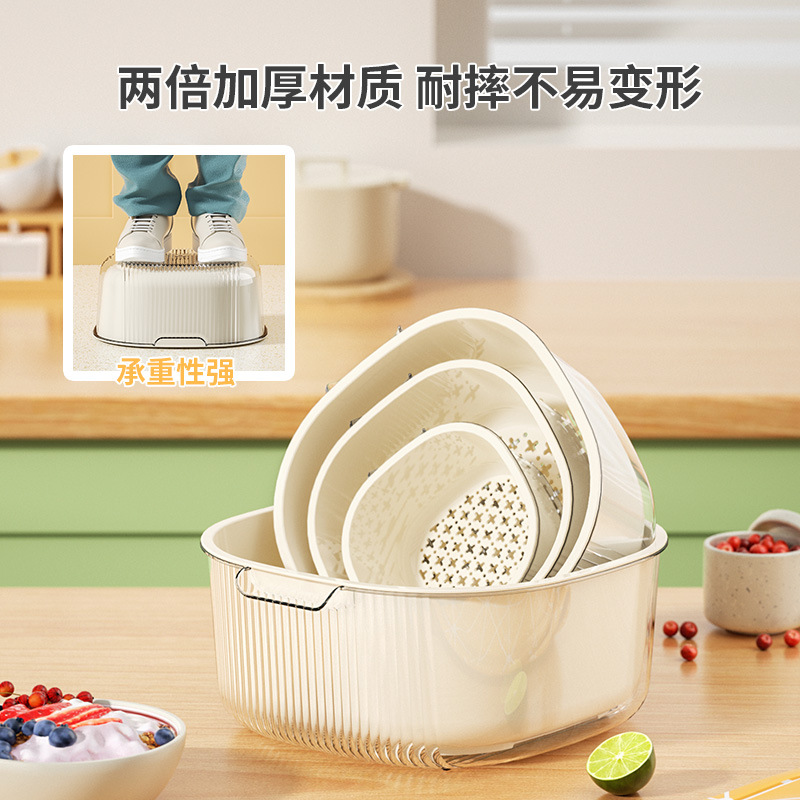 Kitchen Double-Layer Drain Basket Household Washing Vegetable Basket Multi-Functional Thickened Plastic Draining Basin Fruit Colander Drain Basket