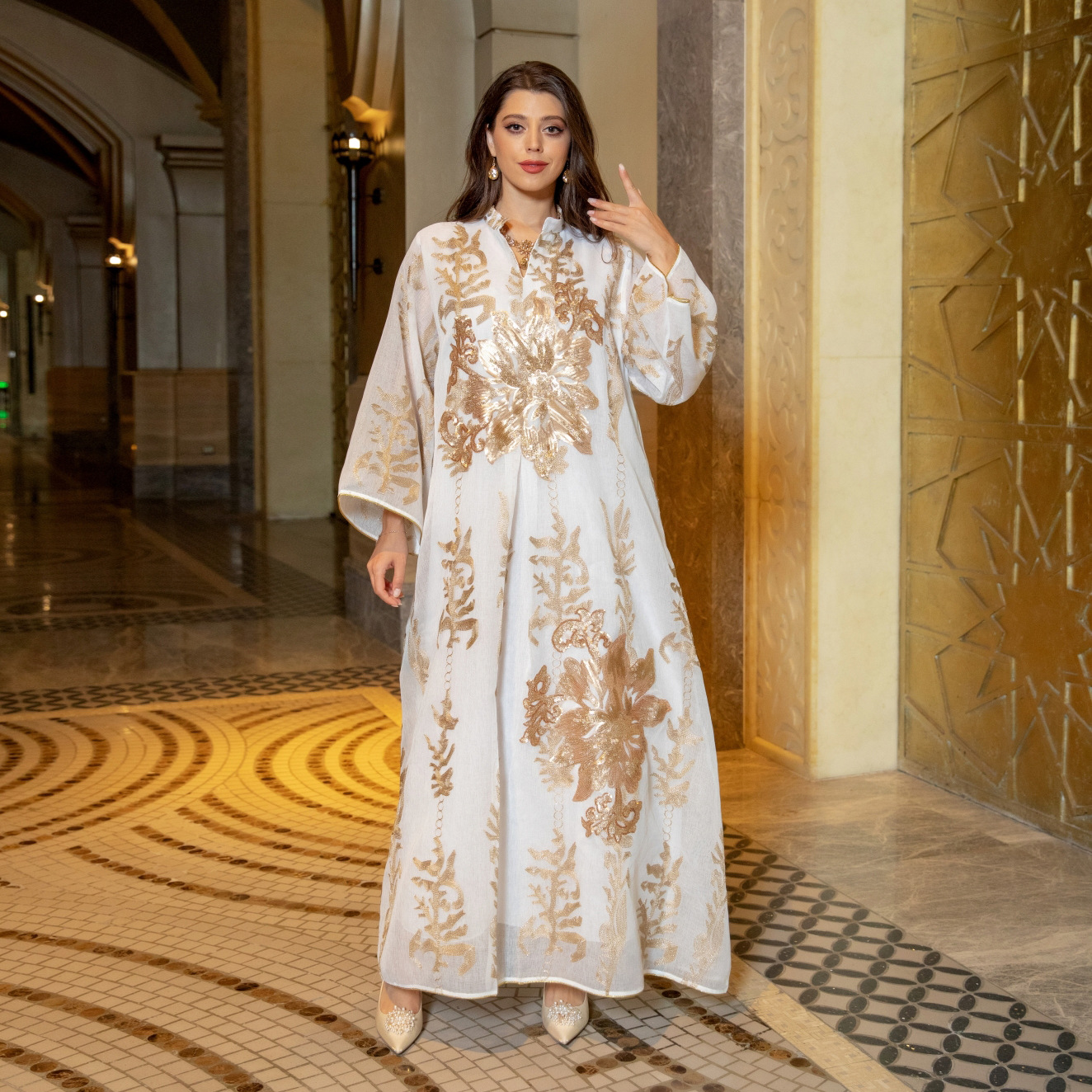 Ab056 Middle East New Burnt Flower Sequin Dress Light Luxury Ladies Party Dress Muslim Abaya Cross-Border Women's Clothing