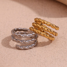 欧美时尚简约三层麻花圈螺旋开口戒指不锈钢镀18K金小众气质手饰