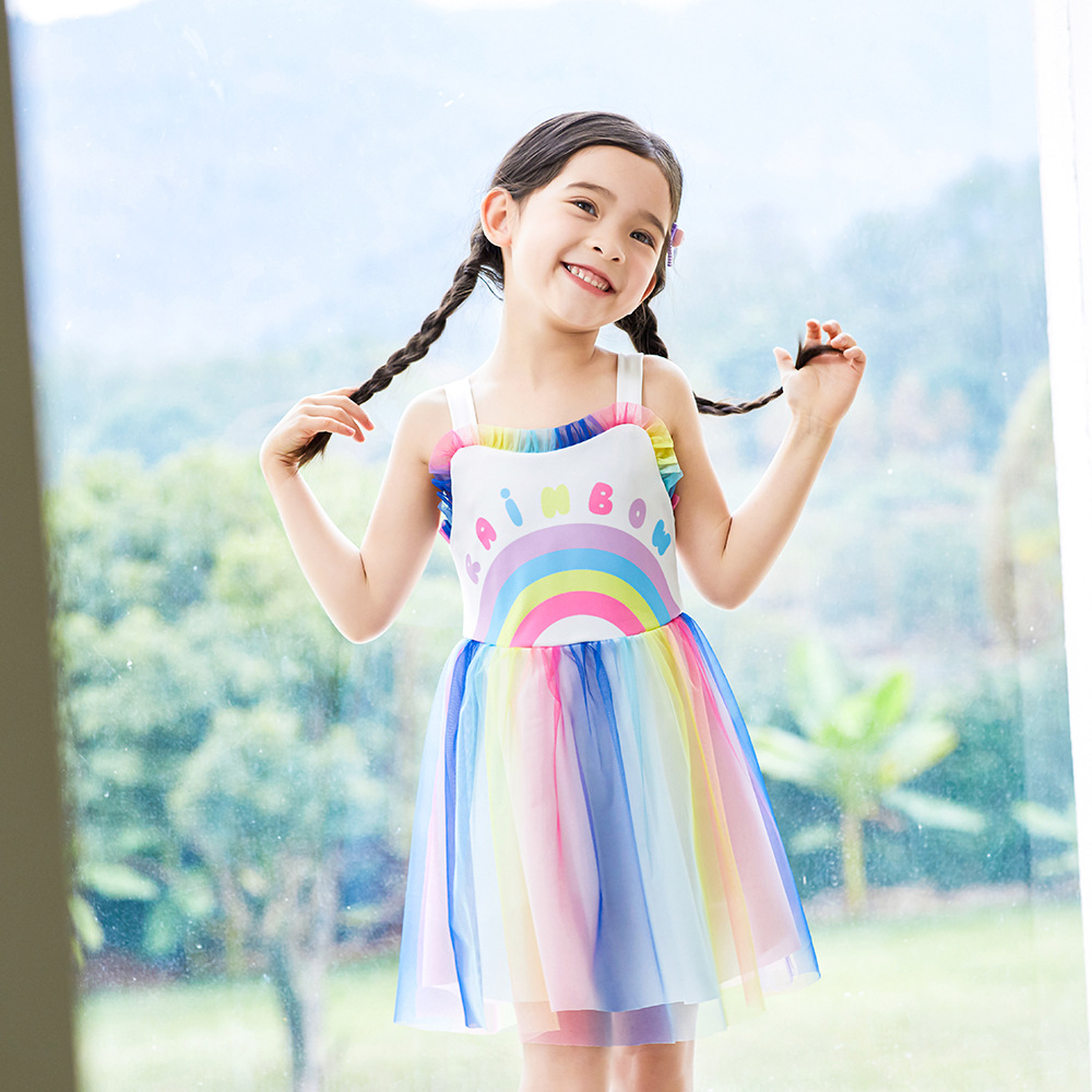 多巴胺夏季儿童泳衣 女童渐变彩虹公主风泳裙 沙滩度假可爱泳衣裙