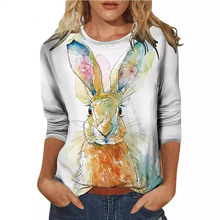 春夏季新款兔子图案印花上衣女装宽松修身日常简约圆领长袖