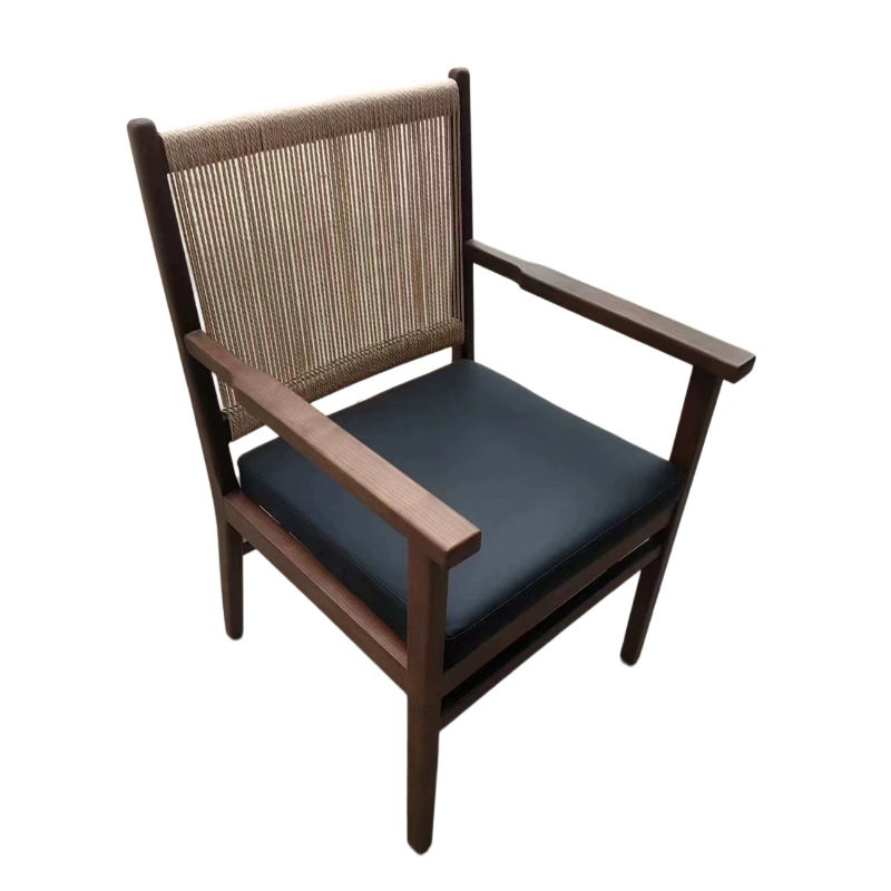 实木餐椅家用侘寂风单人绳编扶手椅民宿酒店客厅接待椅休闲懒人椅