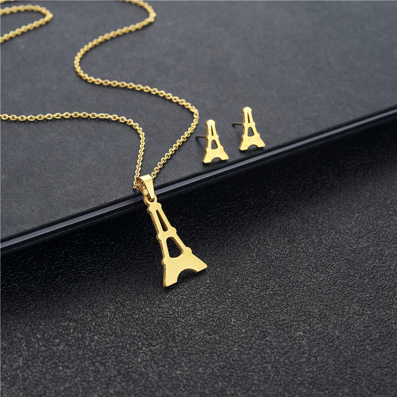 South America Ornament Supply Titanium Steel Necklace and Earring Suit Wholesale Romantic Paris Eiffel Tower Clavicle Chain Female