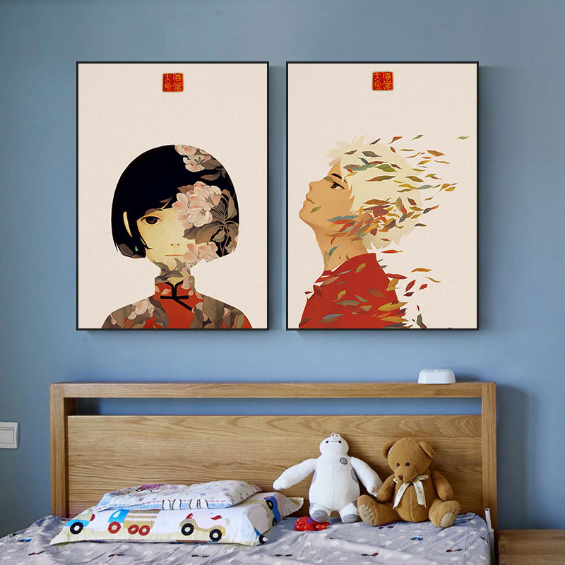 大鱼海棠挂画客厅沙发背景墙壁画湫鲲椿动漫儿童房装饰画奶茶店画