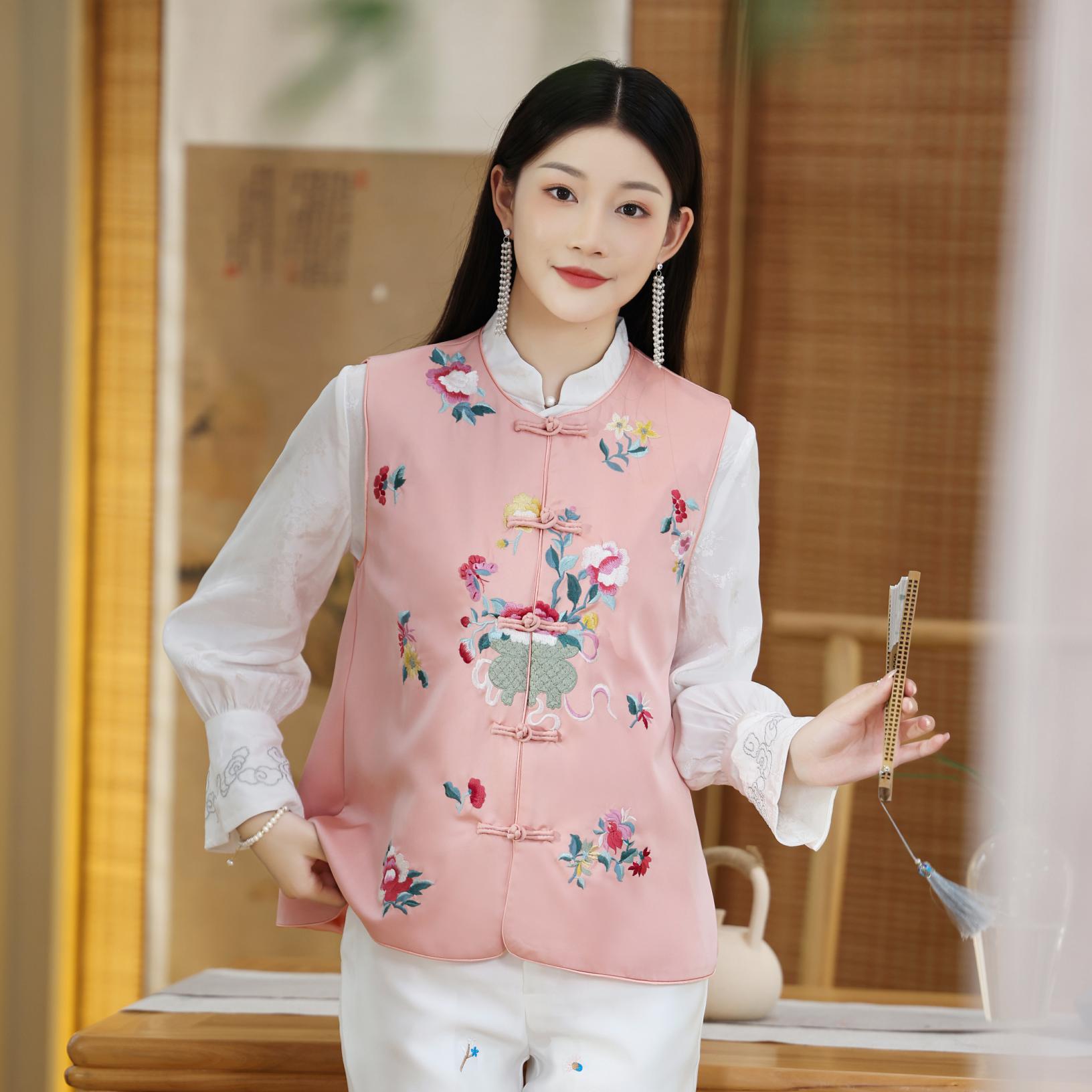 唐装女中国风秋装改良旗袍马甲复古外搭外套刺绣绣花中式盘扣上衣