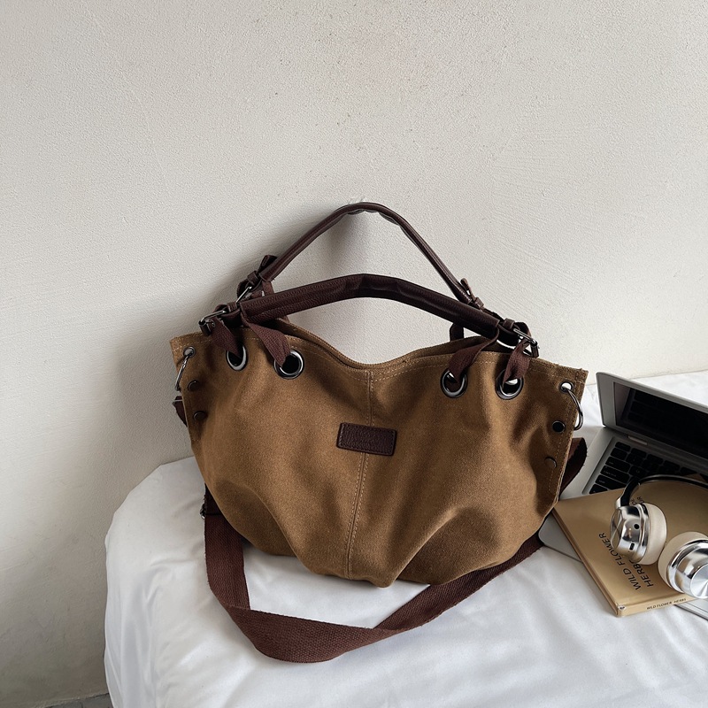 日系复古托特包包慵懒风通勤女士手提包大容量工装帆布单肩斜挎包