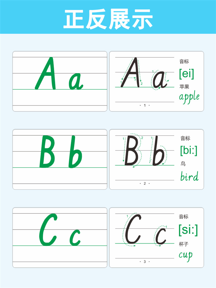 蒙育 小学生英语学习26个字母abc书写提示音标读音防污覆膜厚卡片