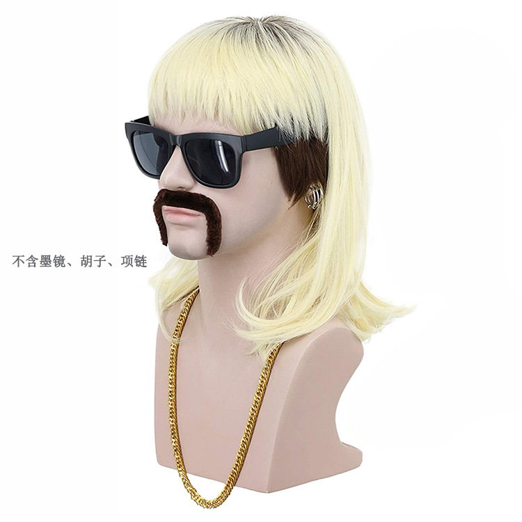 欧美风7080年代复古mullet金色613 blonde黑色渐变中长卷发假发男