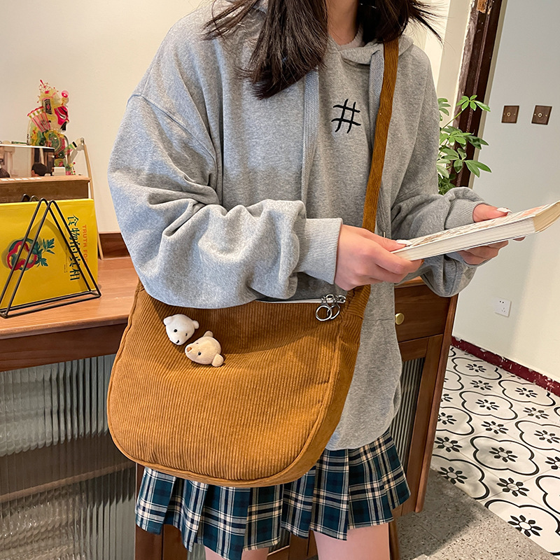 Korean Style Ulzzang Vintage Style All-Match Casual Cute Bear Pendant Soft Girl Student Corduroy Cross-Body Bag Female