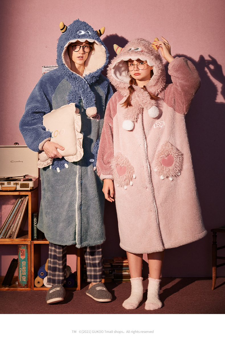 新款卡通小怪兽睡衣女秋冬珊瑚绒情侣睡袍冬季保暖家居服可外穿