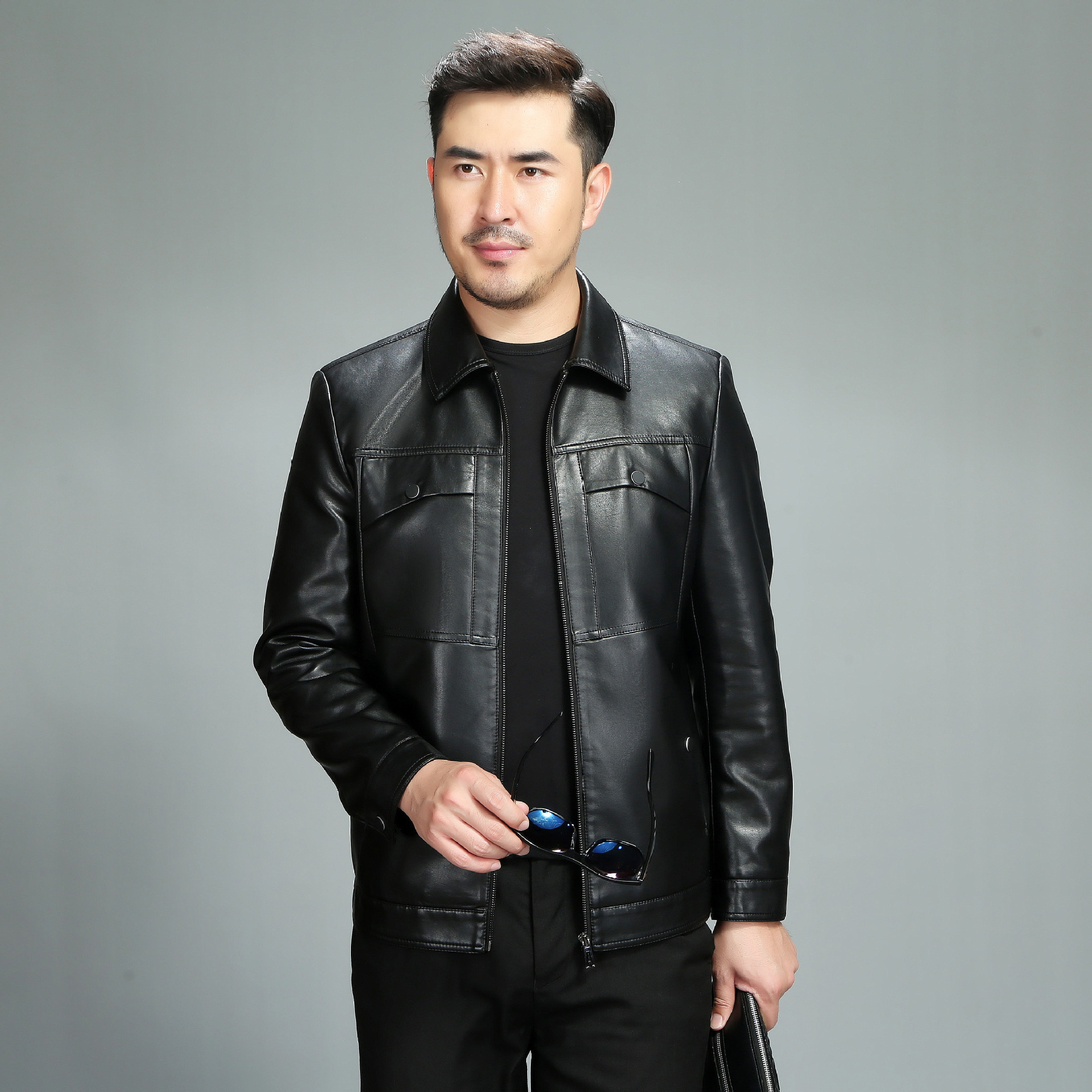 2021新款男士翻领休闲皮衣春秋季男装休闲西服中年爸爸装皮夹克