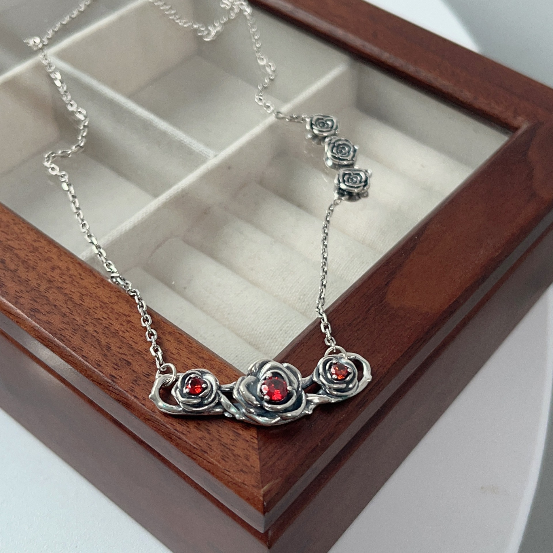 s925银锆石玫瑰花项链典雅复古精致时尚轻奢高级气质感