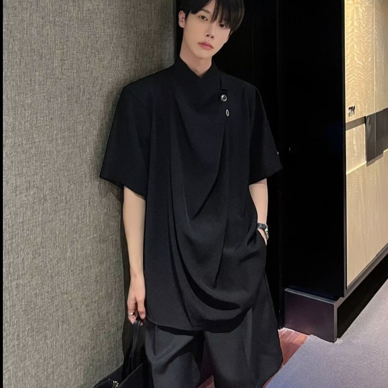 黑色不规则衬衫男改良版汉服新中式衬衣年轻人中山装-阿里巴巴