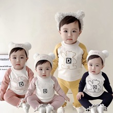 春秋毛衣装套装婴儿刺绣小熊宝宝两件套女童套装婴装莫代尔