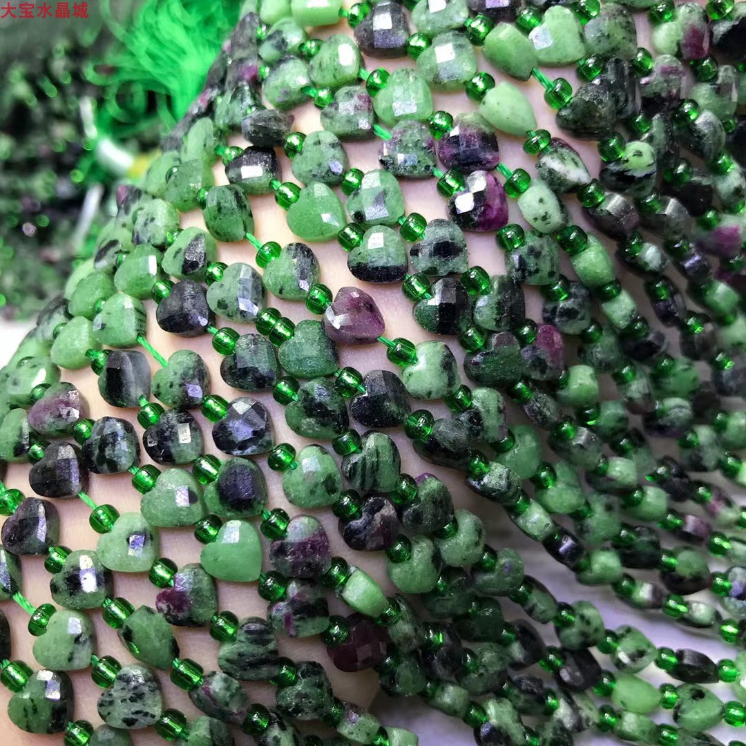 鸿初珠宝 红绿宝 钻石切面双面桃心 半成品散珠长链手链项链饰品