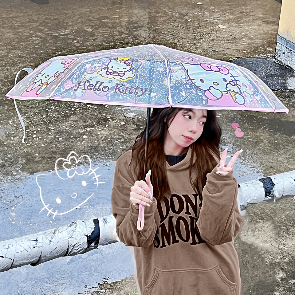 Japanese Style Soft Girl Two-Dimensional Automatic Internet Celebrity Kuromi Transparent Umbrella Kuromi Cartoon Extra Thick Foldable and Portable