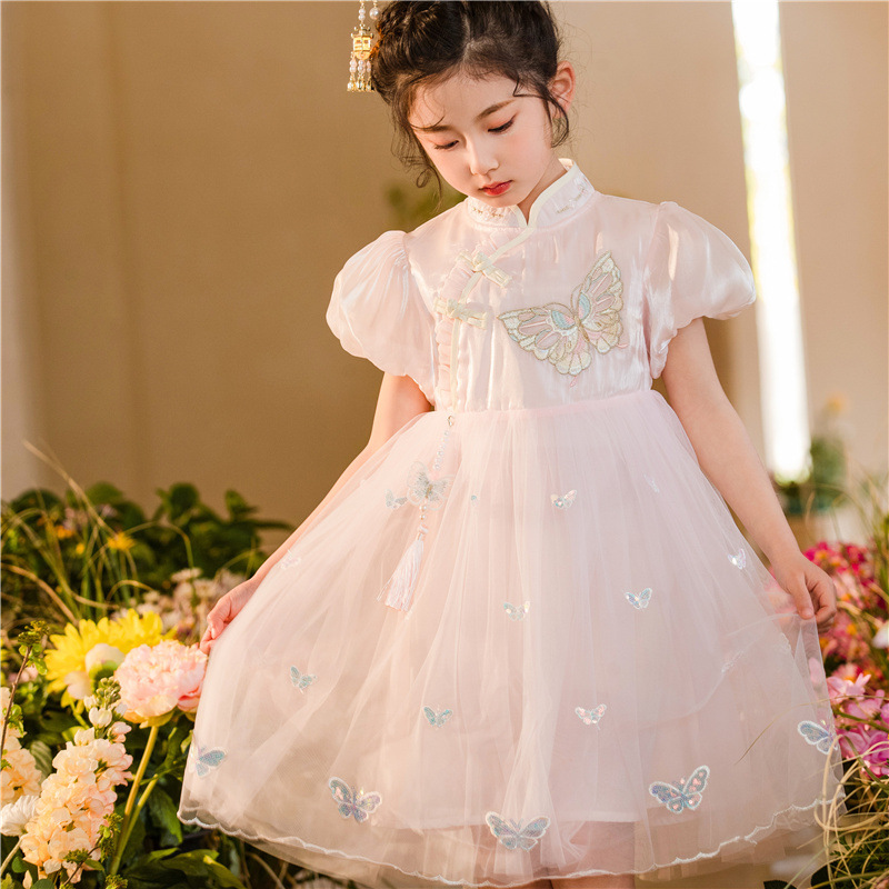 女童中国风连衣裙儿童夏季网纱公主裙旗袍裙小女孩蓬蓬裙气质纱裙