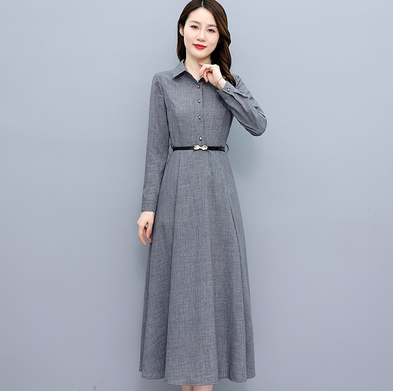 大码女装2021韩版修身显瘦中长款裙子春季新款长袖棉麻连衣裙女