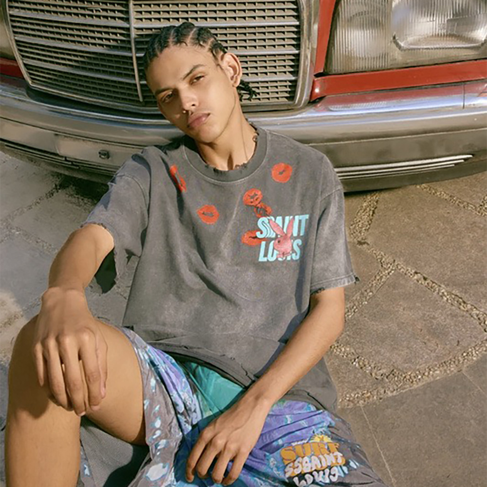 sssaint louis联名兔子复古水洗唇印短袖美潮高街宽松潮牌情侣t恤