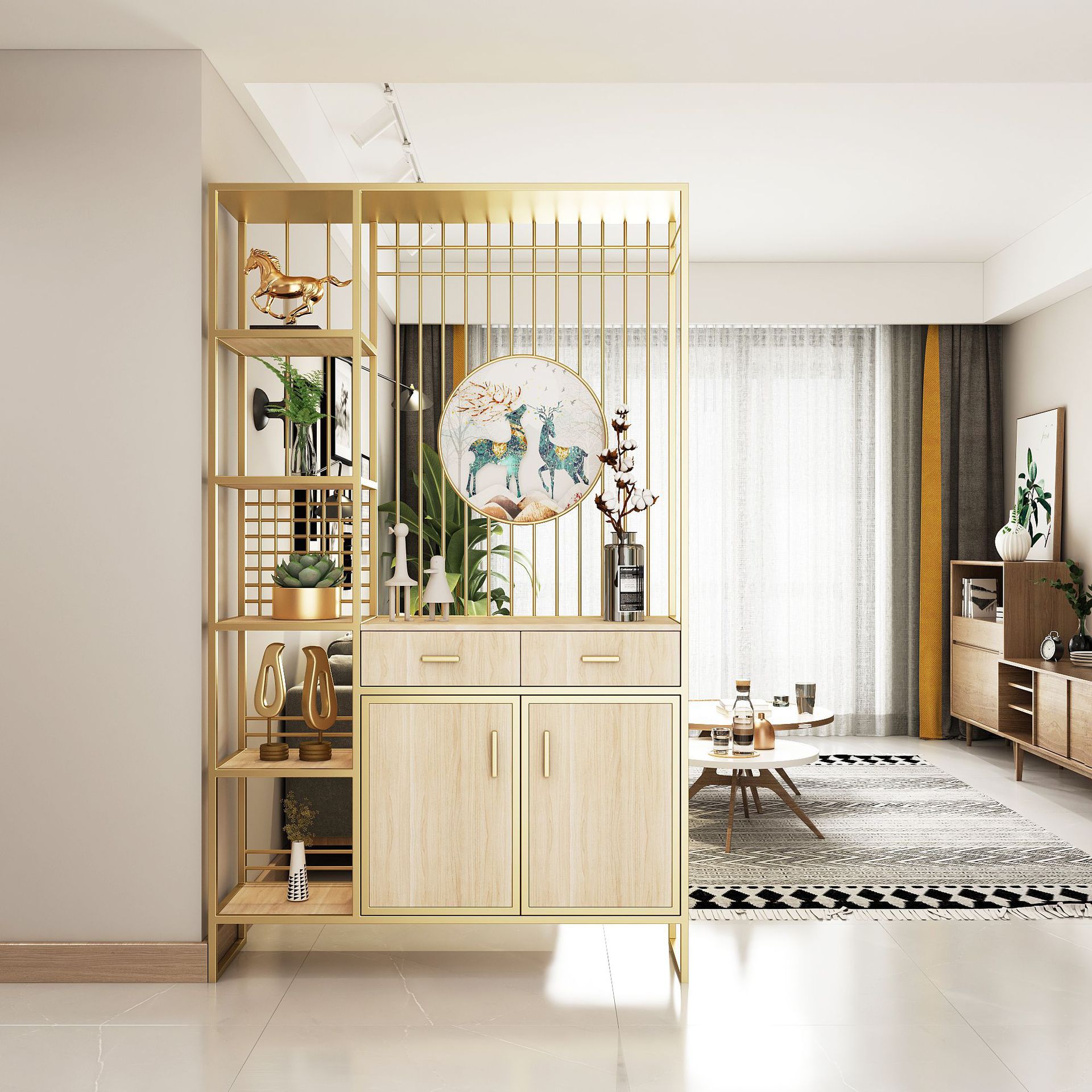 现代轻奢屏风鞋柜一体入户门正对玄关装饰客厅隔断置物架双面金属