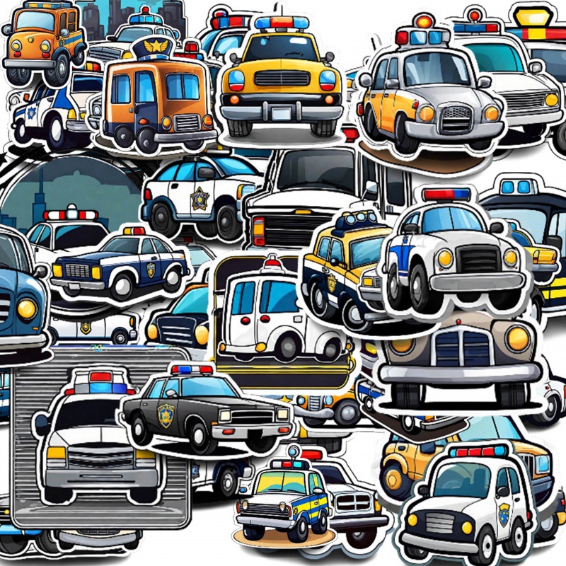 一辆卡通警车50张手机贴画装饰防水贴纸水杯手帐可爱电脑笔记本电-阿