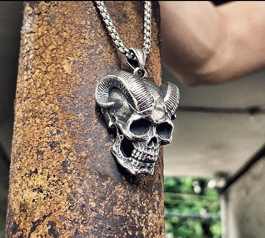 temu shein 热卖复古项链哥特朋克项链骷髅魔鬼男士独特羊角骷髅