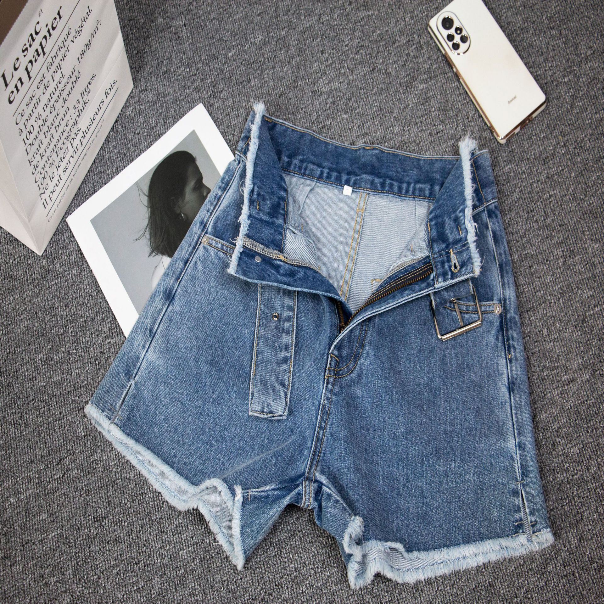 牛仔短裤2021春夏新款扣腰带直筒短裤女