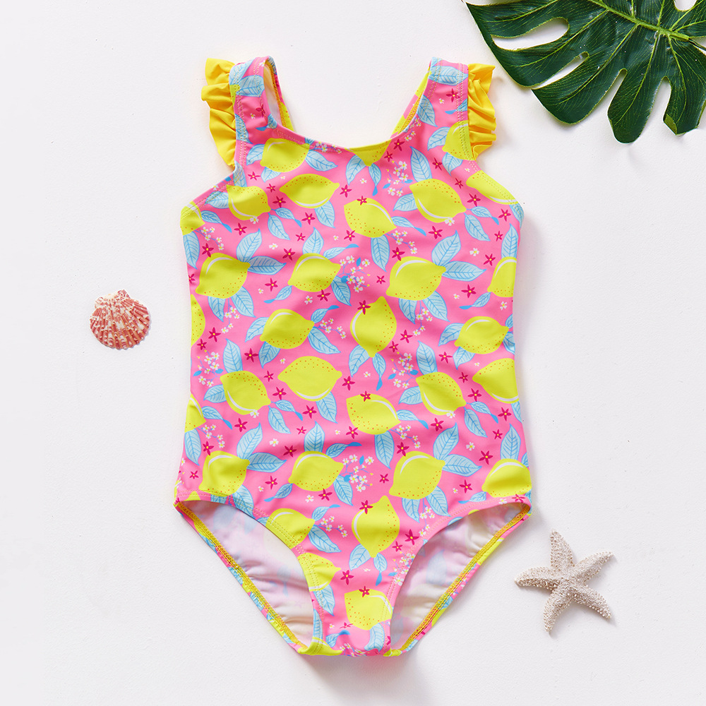 Spot Girl's Swimsuit Foundation Lemon Children Swimsuit Shoulder Strap Ruffled with Bowknot One-Piece Swimsuit