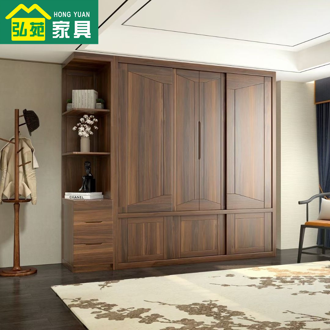 新中式乌金檀木纯实木衣柜卧室开平移46门大容量衣橱现代家用收纳