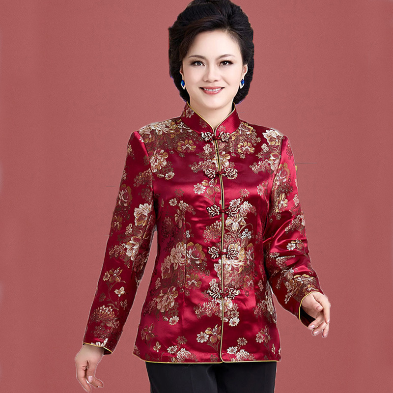 唐装女复古棉袄中式盘扣上衣棉衣中老年婚宴过年丝绸缎面外套春秋