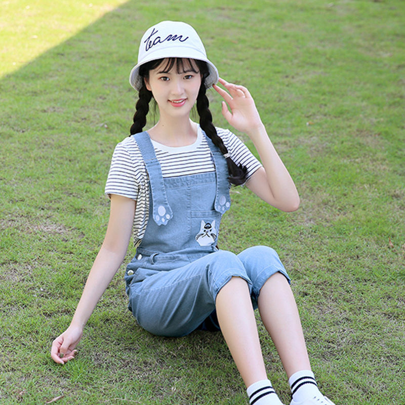 初中生高中学生背带裤女夏季韩版宽松吊带裤少女装女生牛仔裤裤子