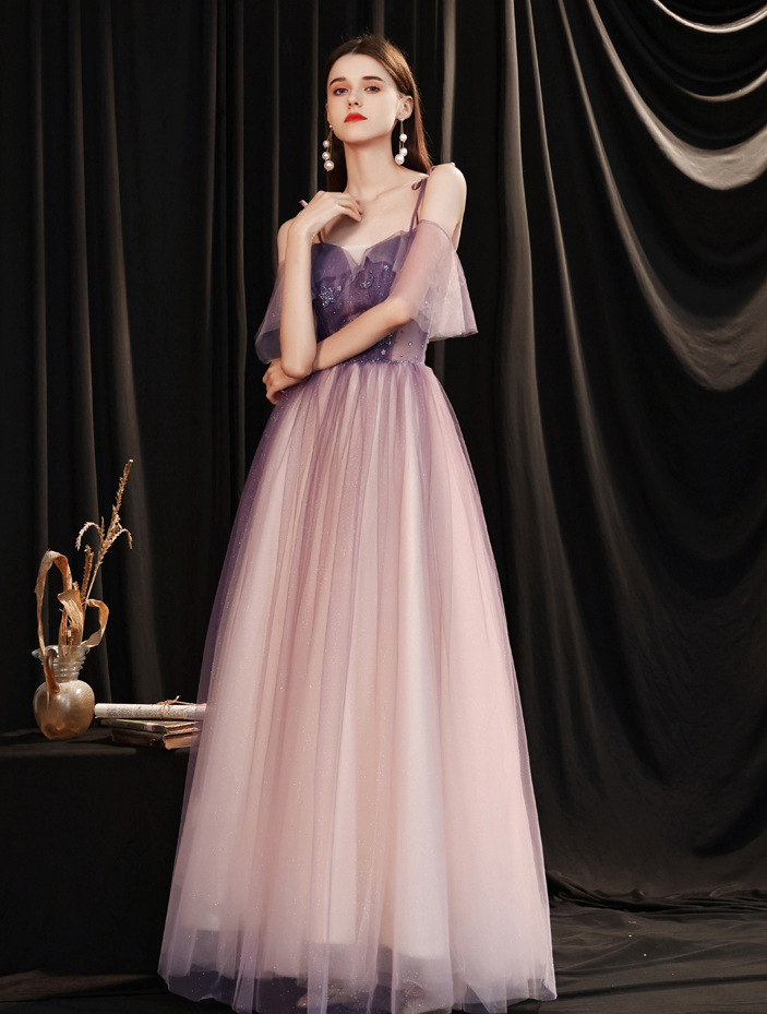 紫色主持人星空敬酒服一字肩模特走秀森系年会钉珠18岁成年晚礼服